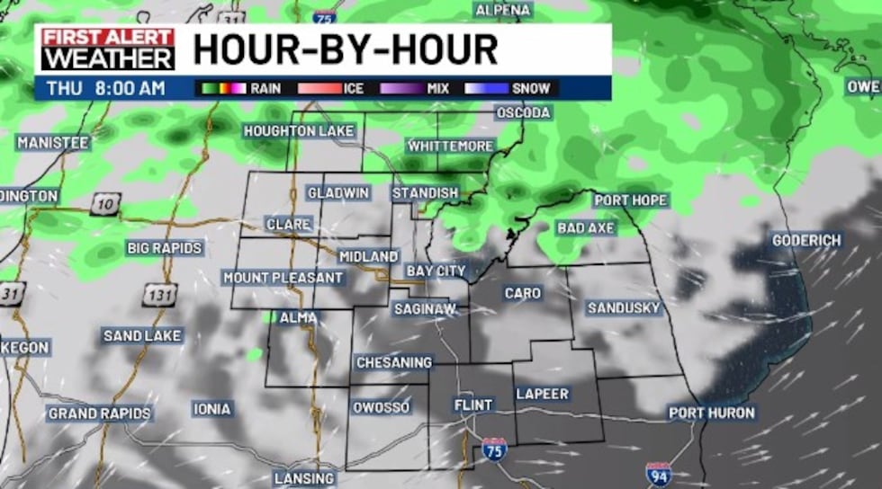 What the radar could look like at 8 AM Thursday.
