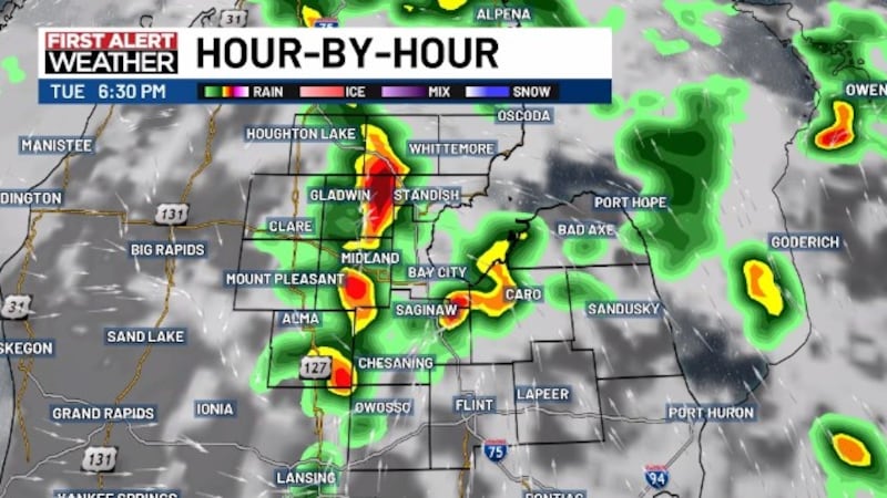 What the radar may look like at 6 PM Tuesday.