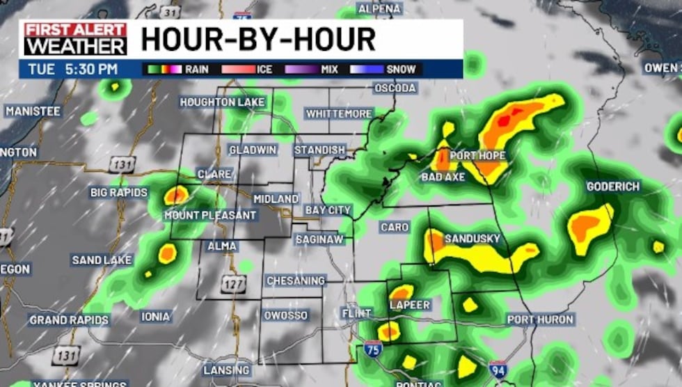 What the radar could look like at 5 PM Tuesday.