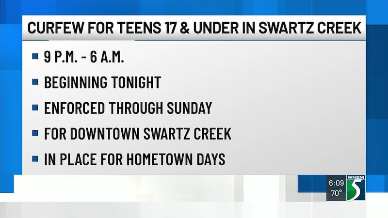 The City of Swartz Creek announced that a temporary curfew will be in effect for unsupervised...